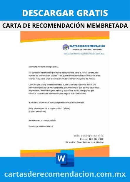 DESCARGAR CARTA DE RECOMENDACION MEMBRETADA LABORAL WORD