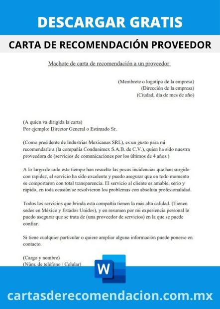 DESCARGAR CARTA DE RECOMENDACION PROVEEDOR WORD