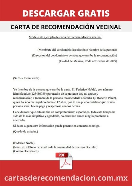 Descargar carta de recomendación vecinal en formato PDF