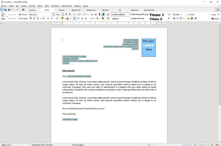 Ejemplo del editor de LibreOffice writer
