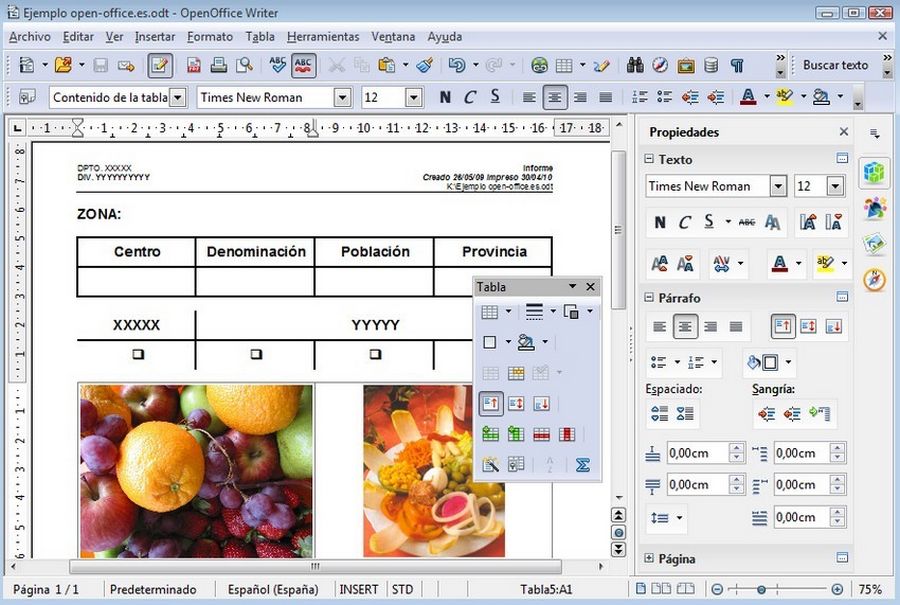 Ejemplo del editor de OpenOffice writer